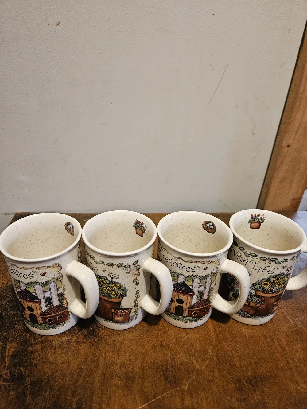 VTG Joy Marie Heimsoth Garden Pleasures Mug Set 4 Papel Giftware Cottage Garden